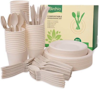 250 Piece Biodegradable Paper Plates Set (EXTRA LONG UTENSILS), Disposable Dinnerware Set, Eco Friendly Compostable Plates & Utensil include Plates, Forks, Knives and Spoons for Party
