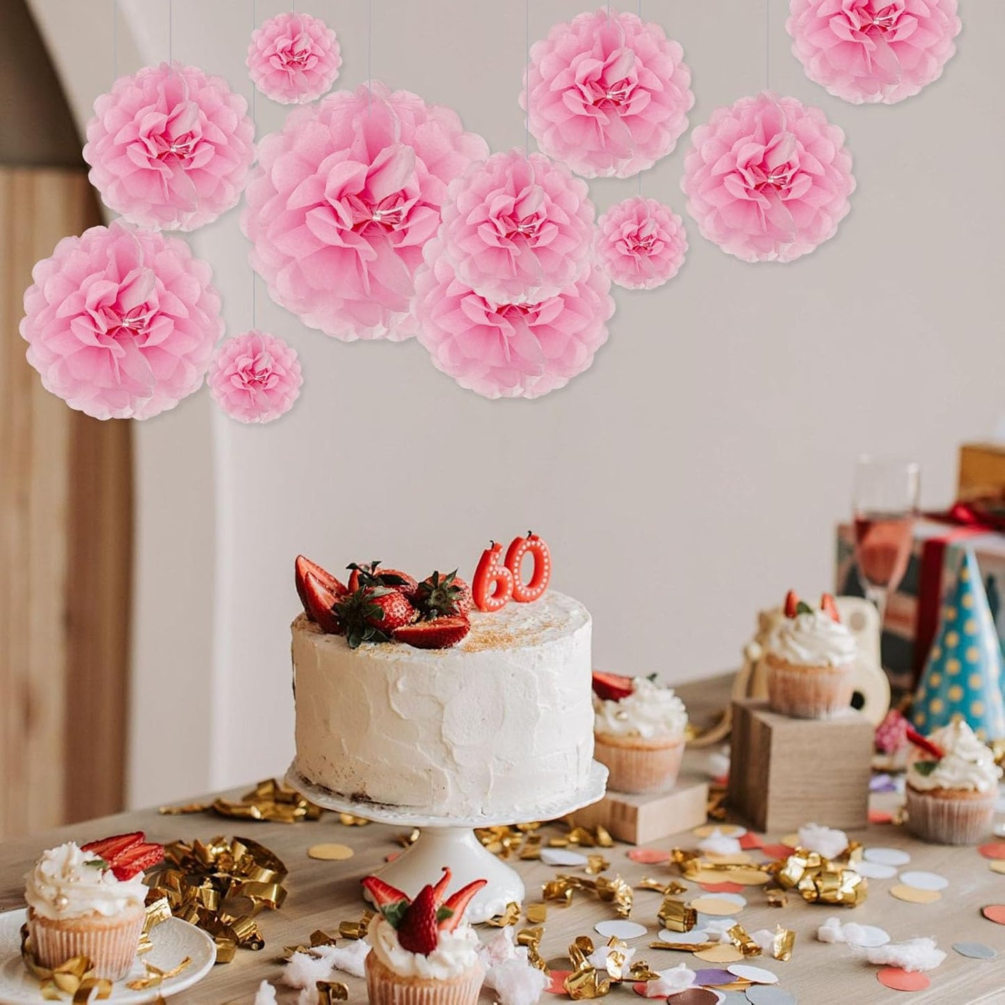 Tissue Paper Pom Poms, Pink Tissue Paper Flowers, Hanging Flower Balls for Weddings Fiesta Parties Birthday Baby Showers Classroom Bridal Shower Decoration (18Piece Set-6/10/12/14Inch)