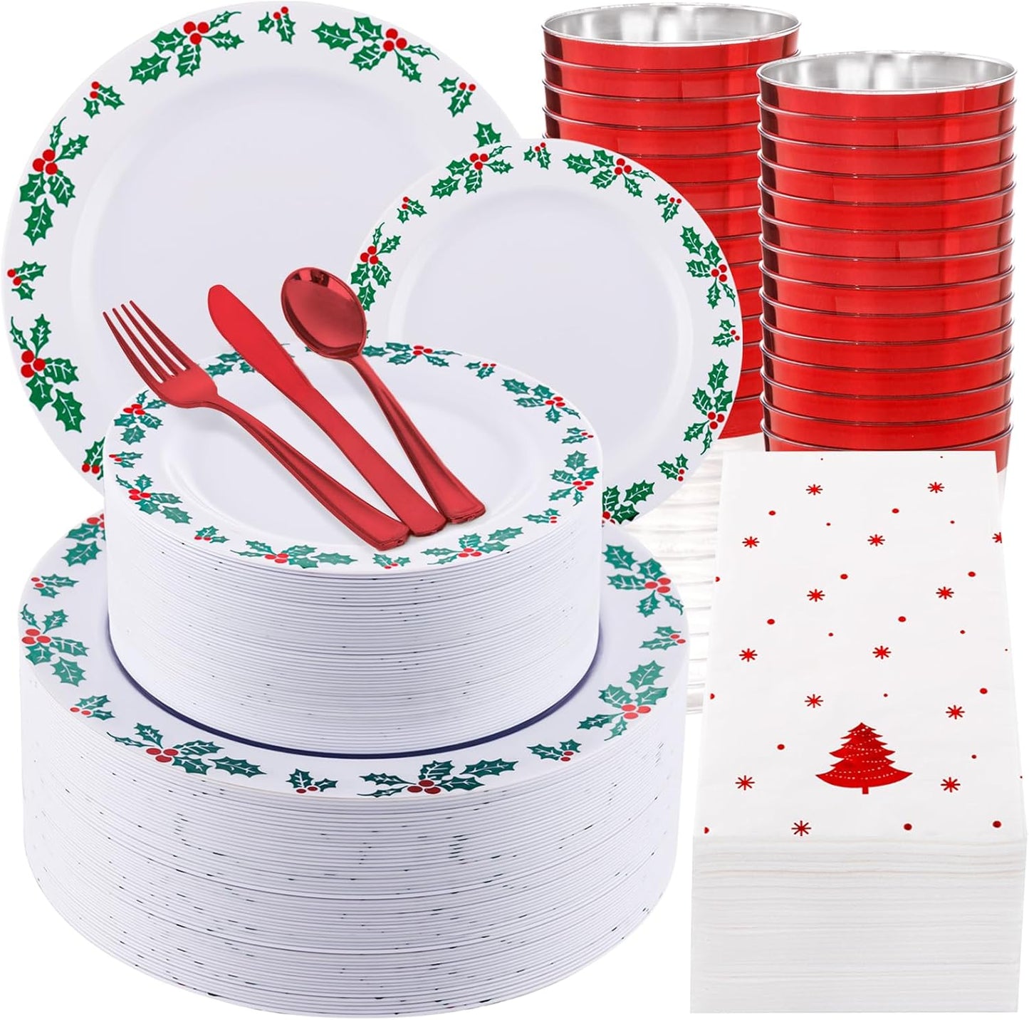 350 Pieces Black and Gold Plastic Plates with Disposable Silverware, Include 50 Dinner Plates 9”, 50 Dessert Plates 6.3”, 50 Black Cups 9 OZ, 50 Pre Rolled Napkins for Wedding Party Graduation