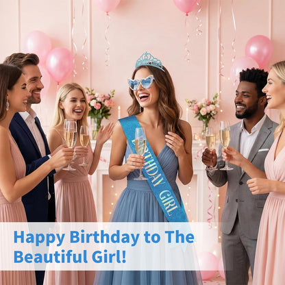 3Pcs Birthday Girl Sash Headband Set-Birthday Sash Tiara and Crown Sunglasses for Girls Women