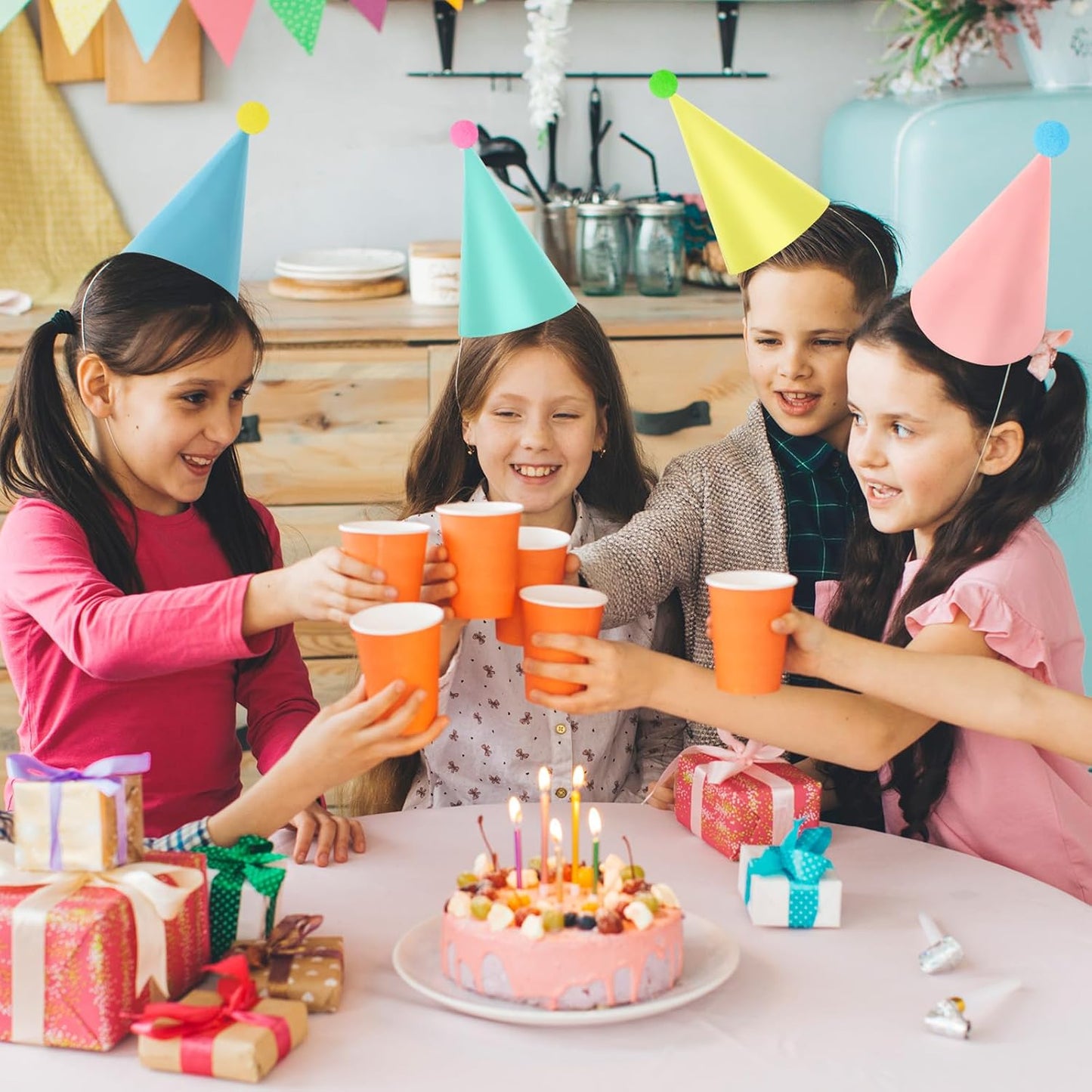 Hooqict 10 PCS Pastel Party Hats for Kids and Adults Birthday Party Cone Hats with Pom Poms Headwear for Boys Girls Stuffed Animals Pastel Rainbow Birthday Party Decorations