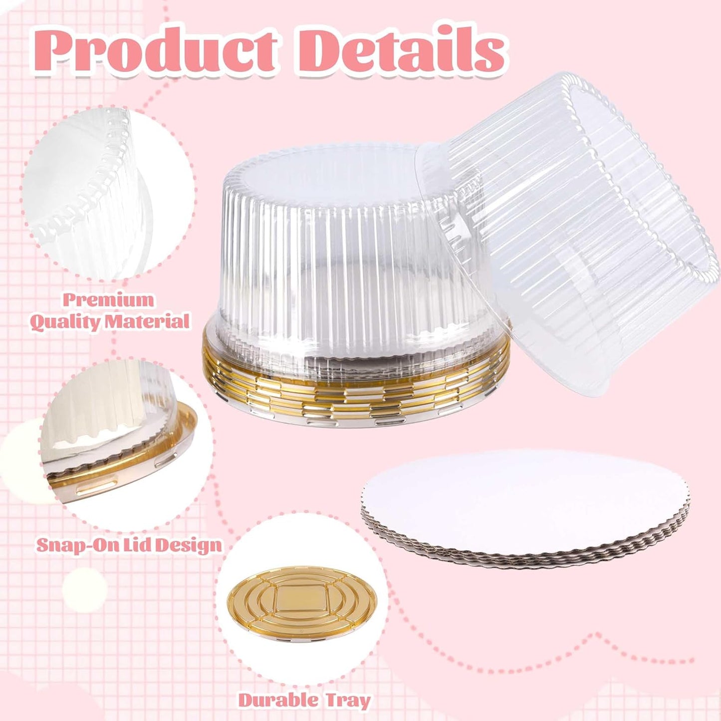 NPLUX 10 Inch Plastic Cake Carriers Gold Cake Containers with Lid and White Cake Boards, Clear Cupcake Holder for 1-2 Layer Cheesecake, Bundt Cake Pie Bakery Supplies(5 Pack)