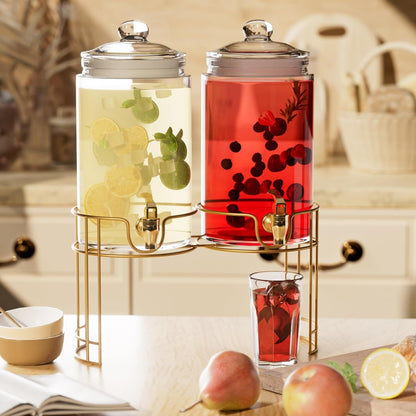 Glass Drink Dispensers For Parties, 2 PACK 1 Gallon Beverage Dispenser With Wooden Lids, Metal Stand And Spigot 100% Leak proof. Lemonade Dispenser With Chalk board