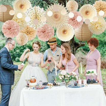 Dusty Pink Boho Party Decorations Pink and Beige Birthday Baby Shower Decorations Paper Fans Paper Pom Poms Lanterns for Women Girl Rustic Bachelorette Wedding Decor