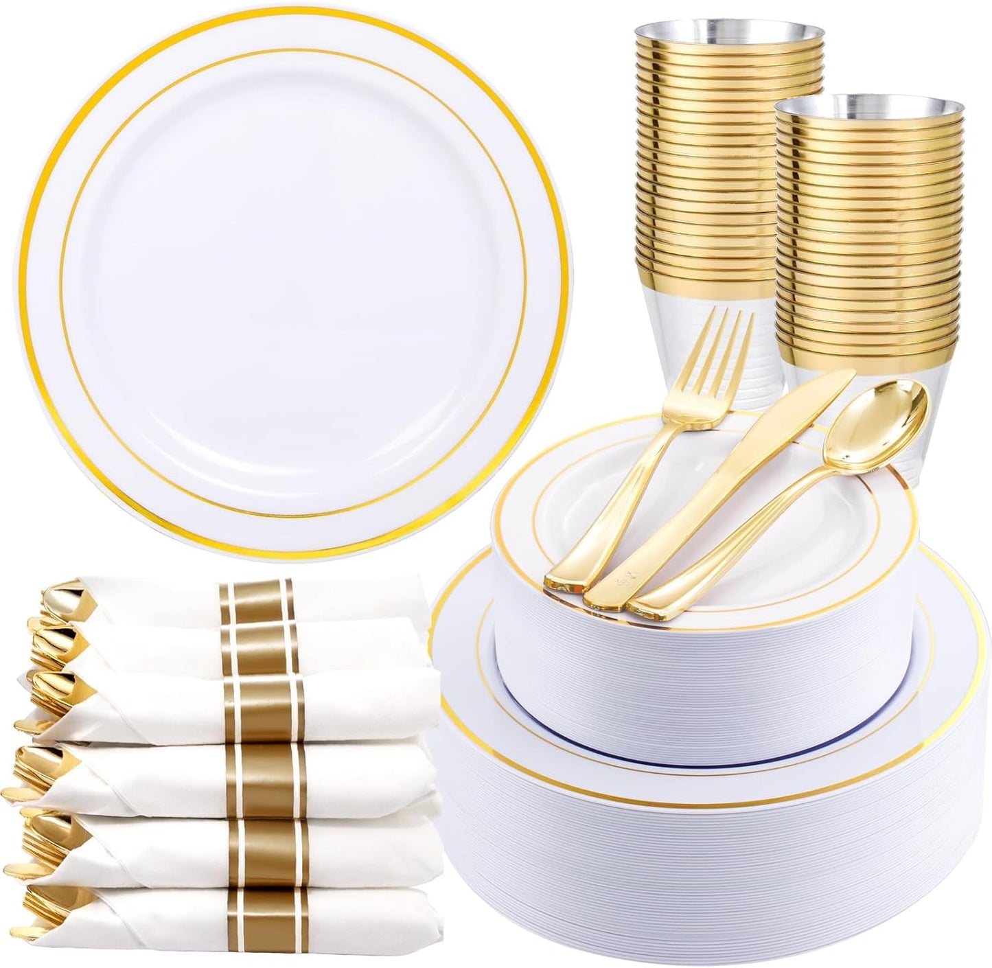 350 Pieces Black and Gold Plastic Plates with Disposable Silverware, Include 50 Dinner Plates 9”, 50 Dessert Plates 6.3”, 50 Black Cups 9 OZ, 50 Pre Rolled Napkins for Wedding Party Graduation