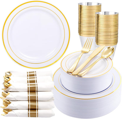 350 Pieces Black and Gold Plastic Plates with Disposable Silverware, Include 50 Dinner Plates 9”, 50 Dessert Plates 6.3”, 50 Black Cups 9 OZ, 50 Pre Rolled Napkins for Wedding Party Graduation