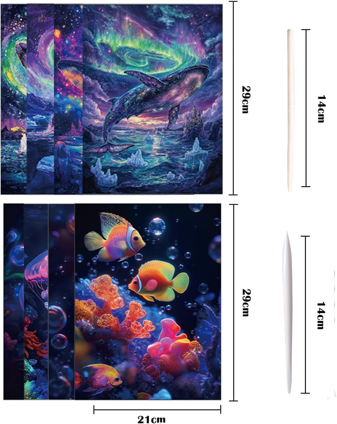 Georgie Porgy Scratch Paper Art Set for Kids Adults Magic Rainbow Scratchboards for DIY Arts and Crafts Kits Christmas Birthday Gift with Scratching Tools Kit (A4-Noctilucent Whale + Sea World)
