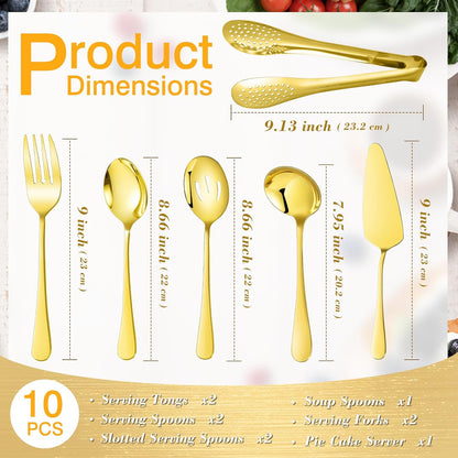 10PCS 18/8 Stainless Steel Serving Utensils Set for Parties, Kitchen Serving Tools-Include Serving Spoons, Slotted Spoons, Serving Forks Tongs Soup Ladle, Cake Pie Server for Buffet, Wedding