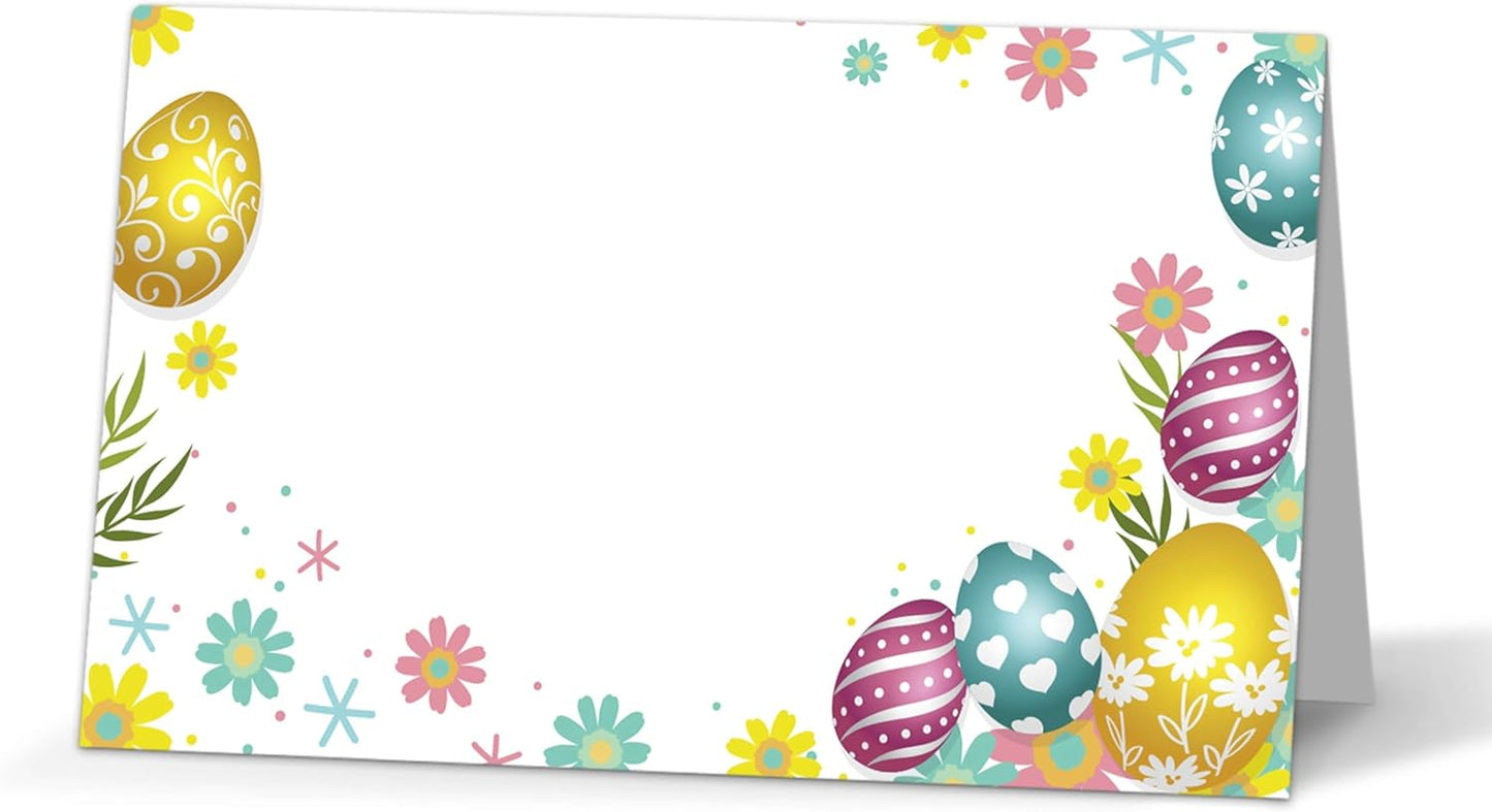 Easter Table Place Cards, Easter Eggs Seating Place Cards for Tables, Holiday Party Tent Cards, Food Tent Labels for Easter Party, Scored for Easy Folding, 25 Pack(A05)