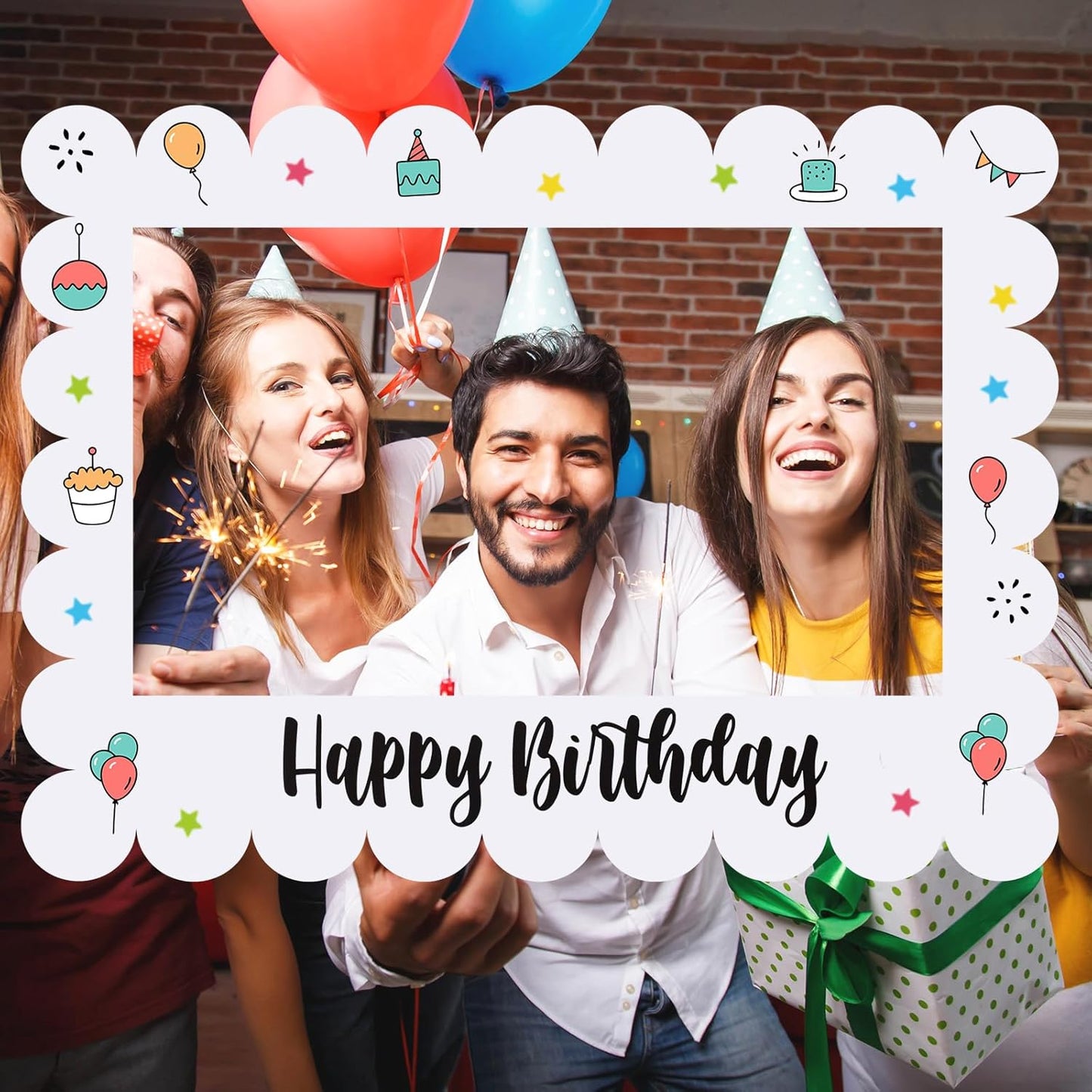 Beeveer 32 x 24 Inch Extra Large Happy Birthday Photo Booth Selfie Frame Props Picture DIY Cutouts Photo Backdrop Cardboard Props for Party Supplies Favors(Vertical,Shiny Gold)