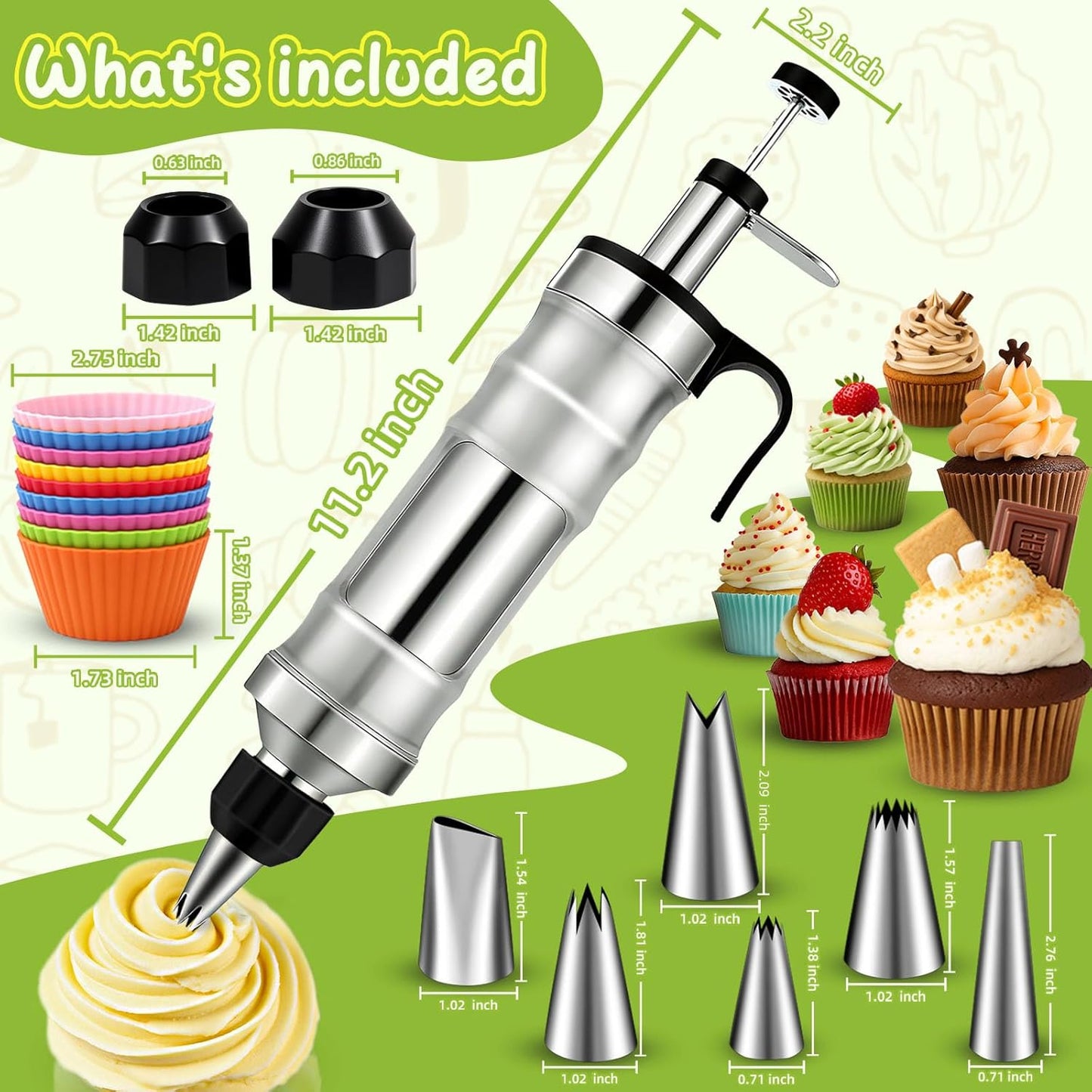 FANTEXY Dessert Decorating Syringe Set, Icing Piping Kit Stainless Steels Cake Decorating Tools 6 Piping Icing Nozzles Cupcake Decorating Kit