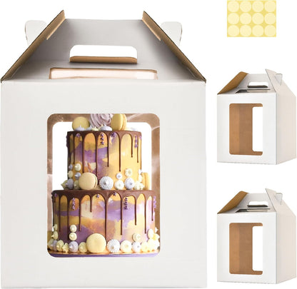 3 Pack 12in Tall Cake Boxes for Tier Cakes, 12x12x14 Inch Tiered Cake Box,Tall Cake Carrier with Window, 10in 12in Large Tierd Bakery Take Out Transport Containers with Handle