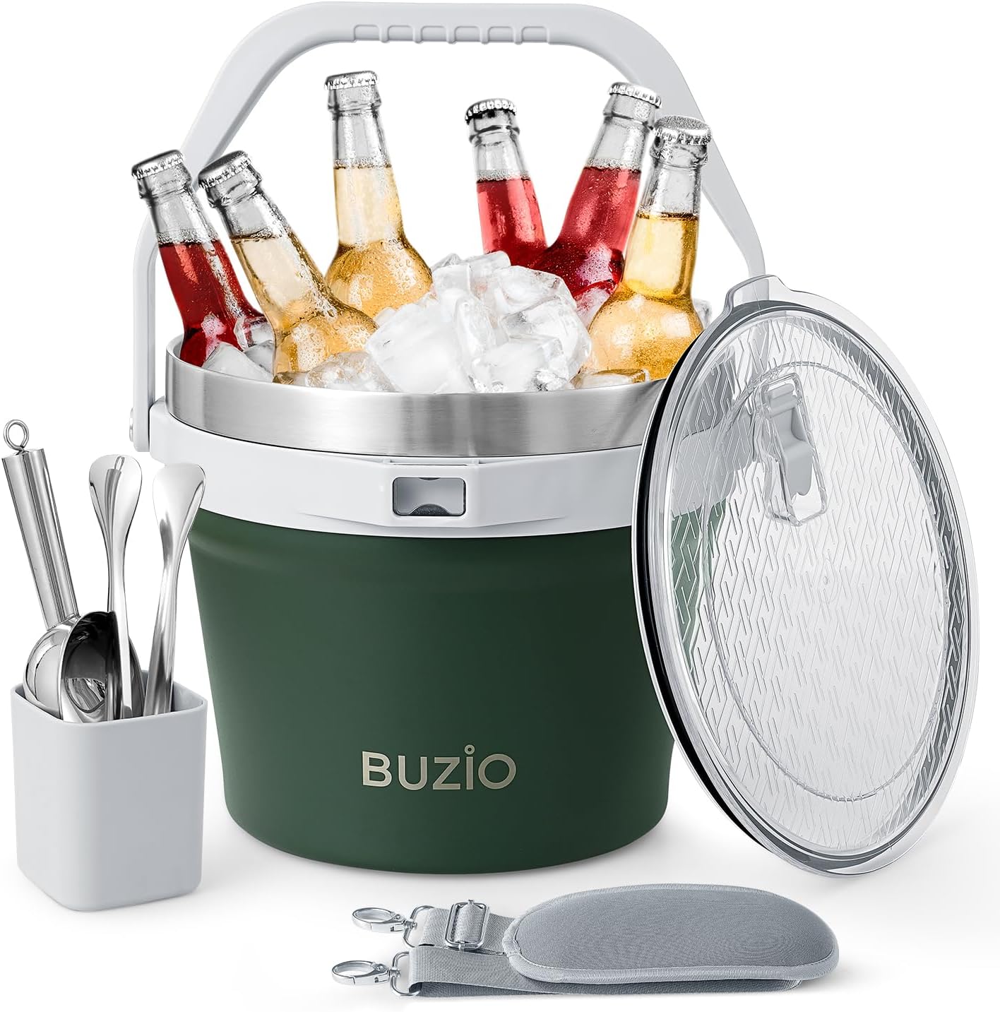 BUZIO 7 L Ice Bucket for Parties with Lid and Scoop & Tongs, Vacuum Insulated Stainless Steel Ice Buckets with Handle and Adjustable Shoulder Strap, Large Beverage Bucket for Cocktail Bar, Blue