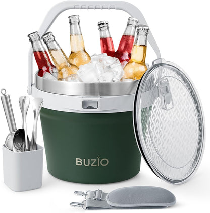 BUZIO 7 L Ice Bucket for Parties with Lid and Scoop & Tongs, Vacuum Insulated Stainless Steel Ice Buckets with Handle and Adjustable Shoulder Strap, Large Beverage Bucket for Cocktail Bar, Blue