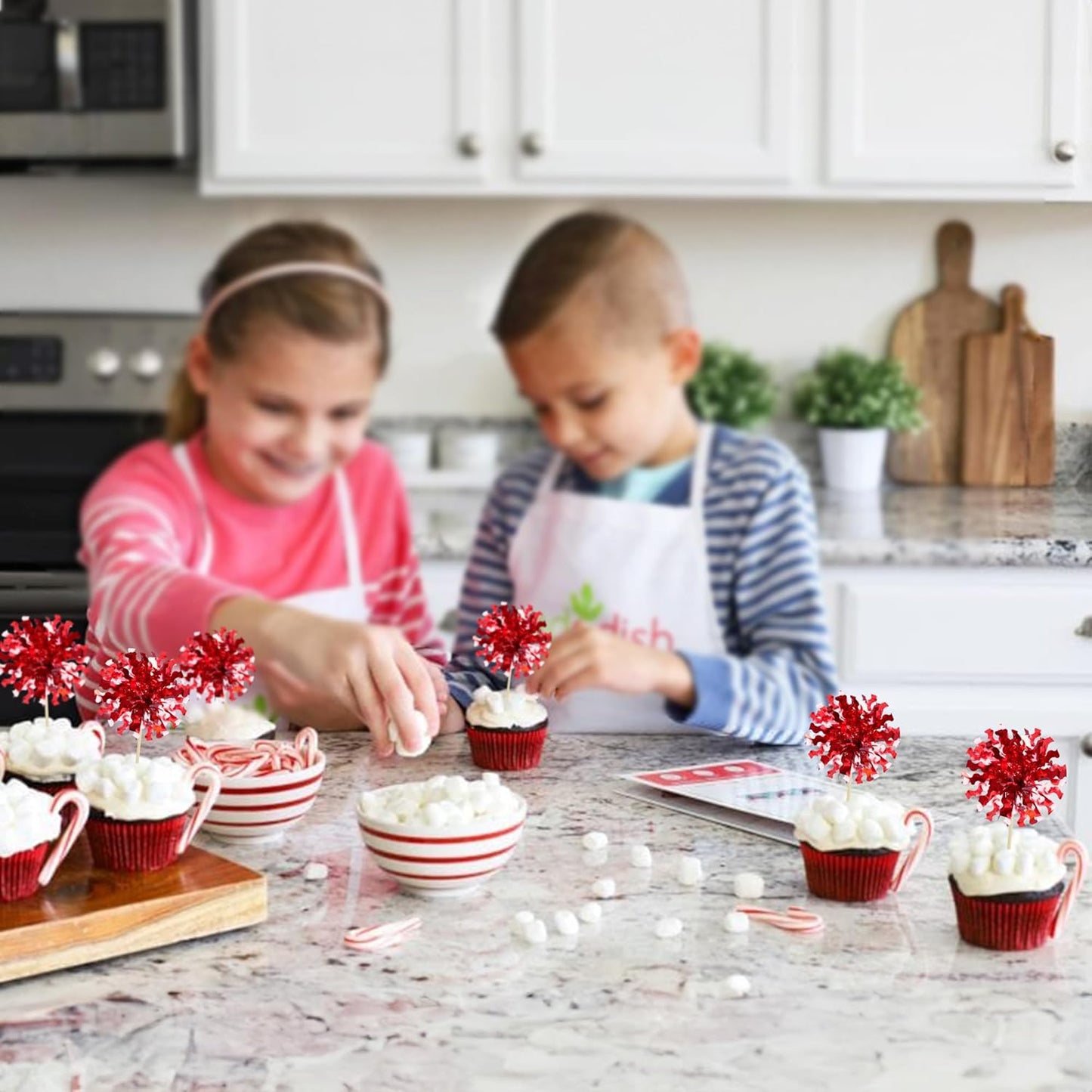 Ephlyn 30Pcs Foil Firework Cupcake Toppers Sparkle Tinsel Cupcake Picks Drink Stirrers Cocktail Food Fruit Toothpicks for Baby Shower Graduation Party Supplies White