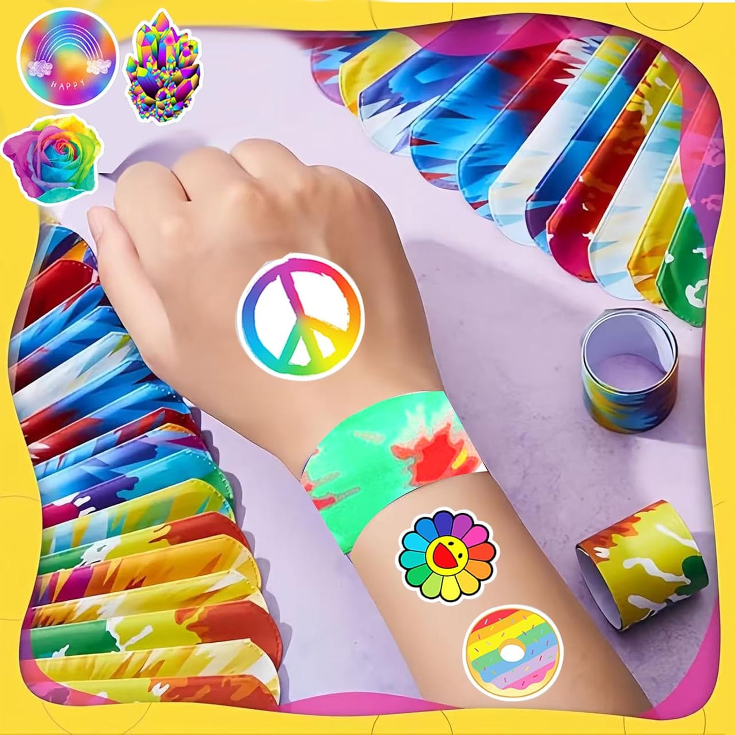74PCS Tie Dye Party Favor 50PCS Groovy Party Stickers&24PCS Slap Bracelets Tie Dye Birthday Supplies Team Gift Filler