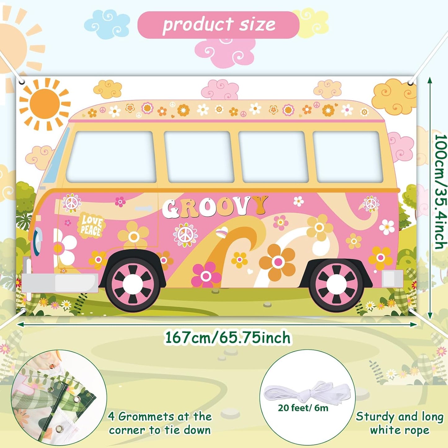 Hippie Bus Photo Prop Groovy Birthday Party Decorations Large Fabric Groovy Van Prop Hippie Selfie Frame Backdrop Background Banner Birthday Supplies Retro Daisy 60s 70s Party Favors 65.8 x 35.4 Inch