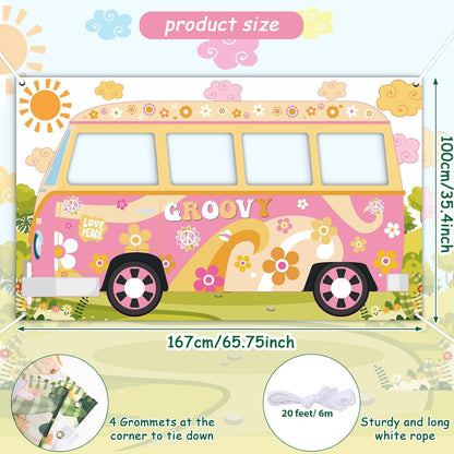 Hippie Bus Photo Prop Groovy Birthday Party Decorations Large Fabric Groovy Van Prop Hippie Selfie Frame Backdrop Background Banner Birthday Supplies Retro Daisy 60s 70s Party Favors 65.8 x 35.4 Inch