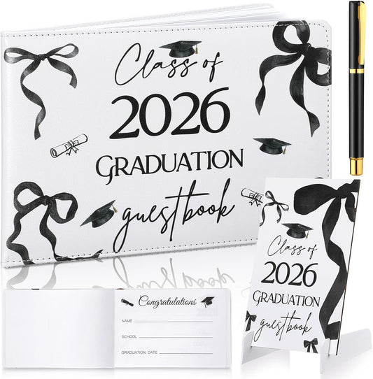 Yingzhao Leather Graduation Guest Book with Wood Table Sign and Signature Pen Class of 2026 Party Supplies Graduation Guest Signature Grad Party Sign for College Congratulation Decorations