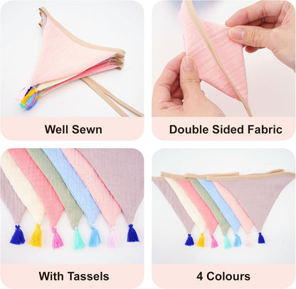 G2PLUS Cotton Fabric Bunting Banner, 9Ft Green Triangle Pennant Banner Flag, 12pcs Double-Sided Bunting Garland with Tassels for Birthday, Nursery, Baby Shower, Classroom Hanging Decor