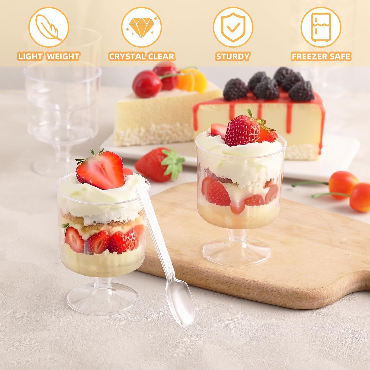 200 Pcs Dessert Cups with Spoons - 5 OZ Mini Clear Plastic Dessert Parfait Cups - Square Shooter Cup Round Goblet for Party Appetizer Fruit Pudding Ice Cream Cake