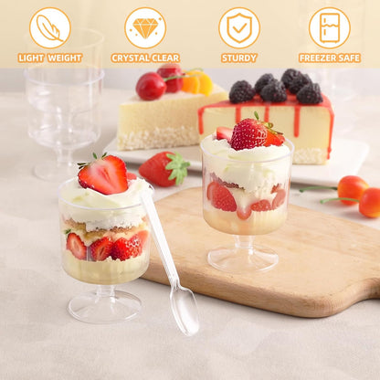 200 Pcs Dessert Cups with Spoons - 5 OZ Mini Clear Plastic Dessert Parfait Cups - Square Shooter Cup Round Goblet for Party Appetizer Fruit Pudding Ice Cream Cake