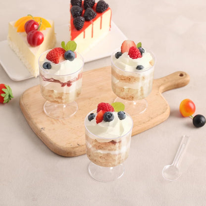 200 Pcs Dessert Cups with Spoons - 5 OZ Mini Clear Plastic Dessert Parfait Cups - Square Shooter Cup Round Goblet for Party Appetizer Fruit Pudding Ice Cream Cake