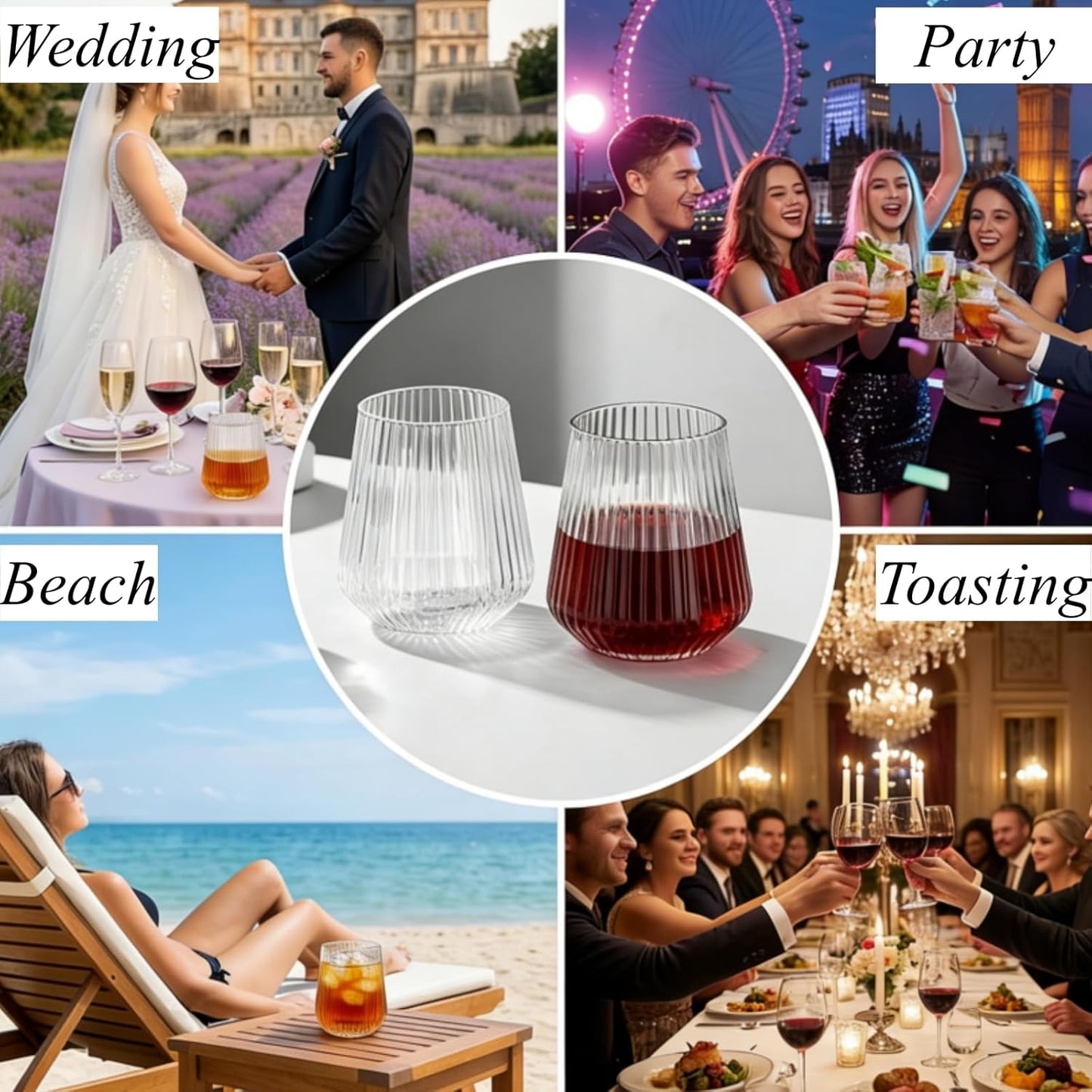 Tebery 20 Pack Plastic Ribbed Wine Glasses, 12 Oz Unbreakable Stemless Cocktail Cups for Party, Disposable Reusable Origami Style Ridged Drinking Tumbler for Champagne Catering Wedding Picnic Bar
