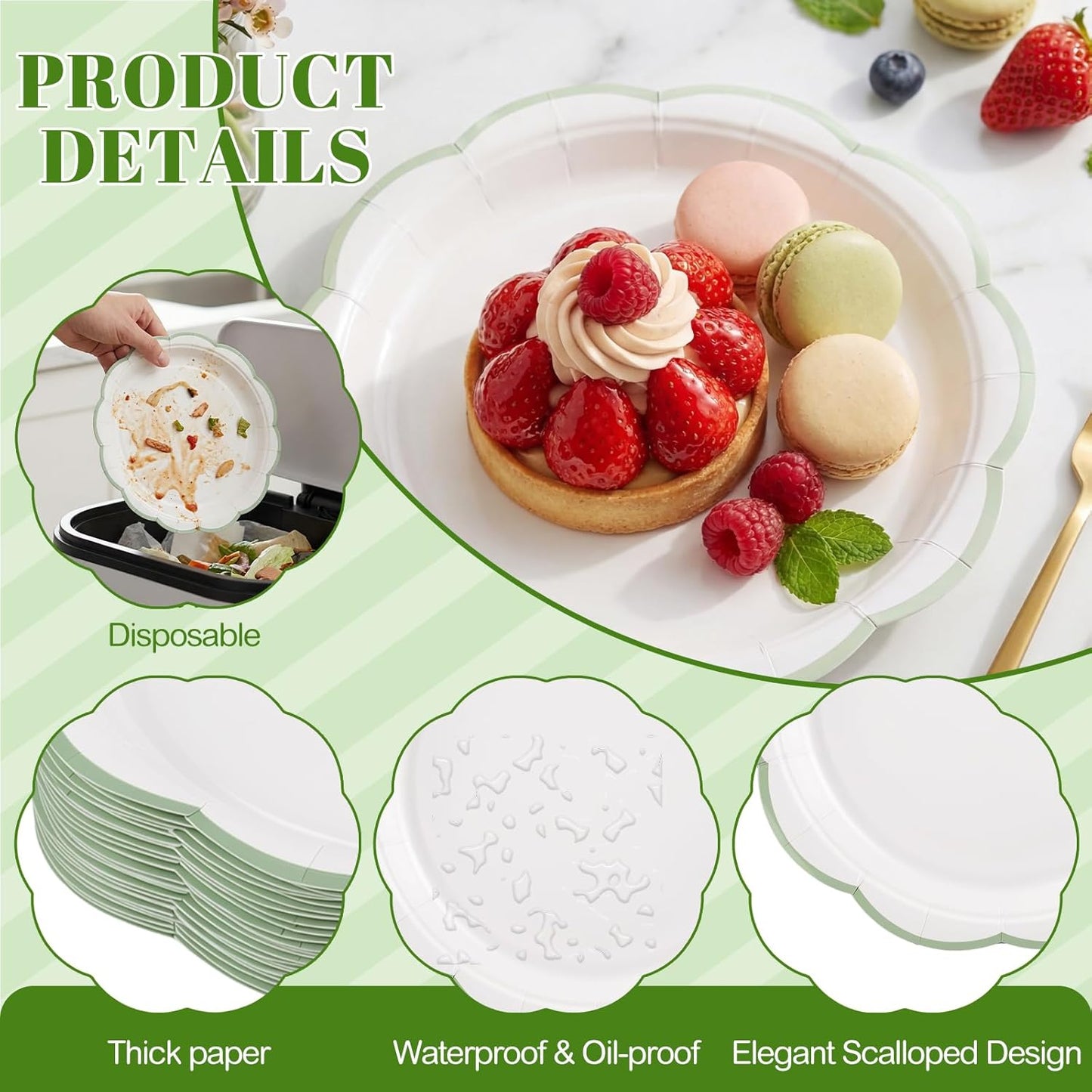 NatNarr 30 Pcs Sage Green Paper Plates, 7 Inch Scalloped Paper Plates Small Dessert Cake Plate Cute Party Plate Disposable Sage Greens Party Supplies for Wedding, Baby Bridal Shower, Birthday