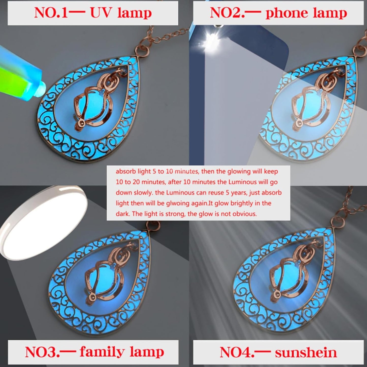 EEQQBZ Glow in The Dark Silver Teardrop shape necklace,Fantasy Glowing Jewelry Charm