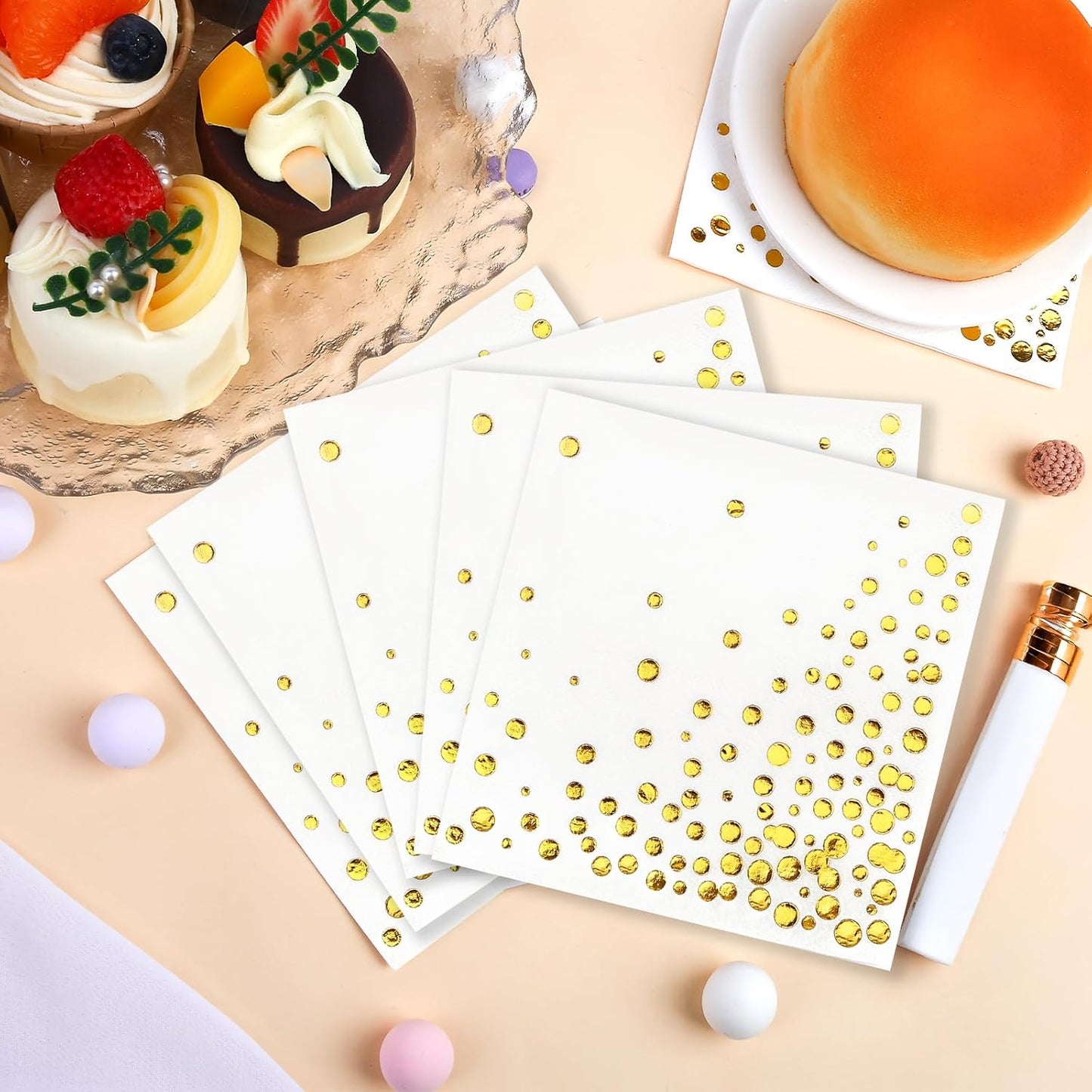 100 Pcs Gold Cocktail Napkins, 3-Ply Party Paper Napkins, 5 x 5 Inches Bar Napkin Disaposable for Weddings, Birthdays, Baby Showers, Anniversaries, and Cocktail Parties (White)