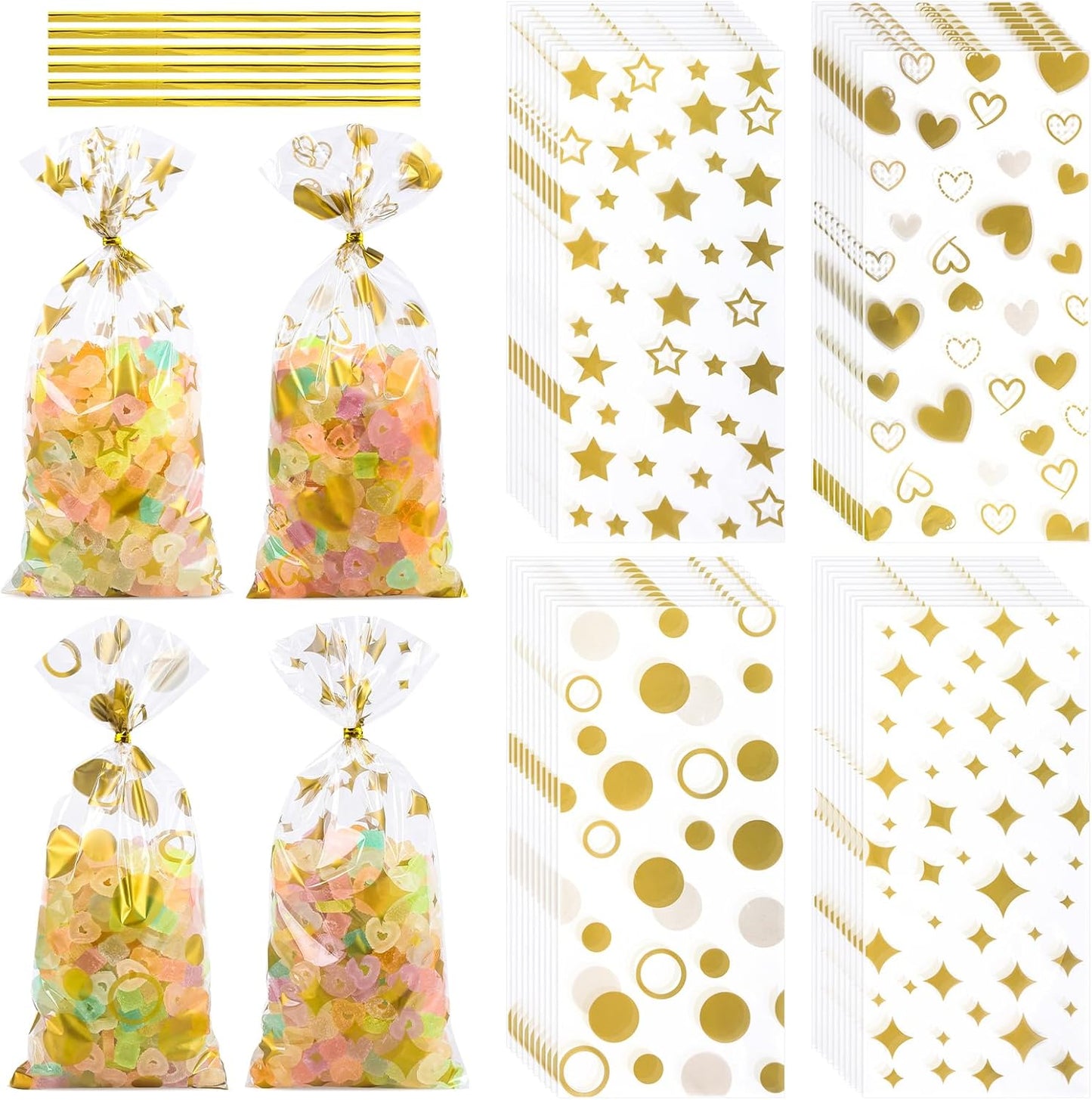 100 Pcs Star Printed 5"X 7" Gift Wrap Cello Cellophane Treat Bags Party Favor bags Clear Candy Cookie Bag Plastic Poly Goodie Storage Bag with Twist Ties for Bakery,Birthday, Wedding ,Party Decorations (Gold)