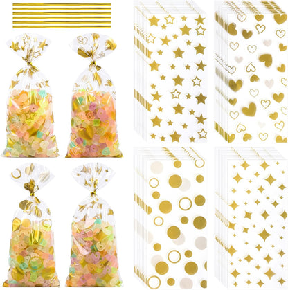 100 Pcs Star Printed 5"X 7" Gift Wrap Cello Cellophane Treat Bags Party Favor bags Clear Candy Cookie Bag Plastic Poly Goodie Storage Bag with Twist Ties for Bakery,Birthday, Wedding ,Party Decorations (Gold)