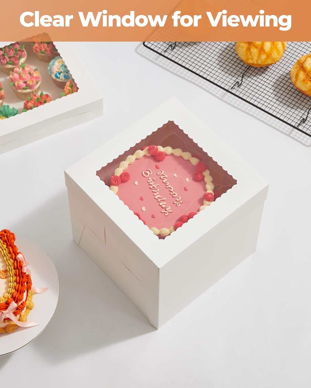 Kootek Cake Box with Board Drum, 10x10x10 Inches Tall Bakery Box with Window, Disposable Cake Container with Lid for Multi-Layer Cake, Decorating, Wedding, Birthday, Party