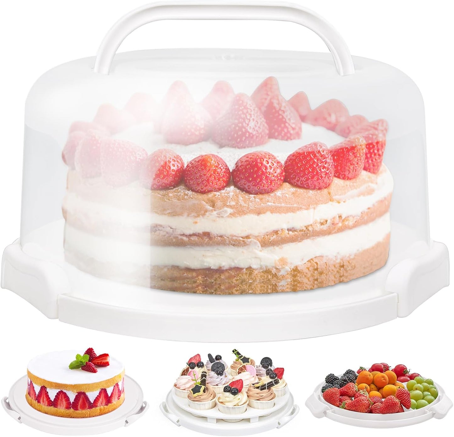 Cake Carrier with Lid and Handle, Ohuhu BPA-Free Cake Containers Cake Holder for 10 inch Cake with 2 Handle Cupcake Carrier - Plastic Cover Two Sided Base for Transport Pie Nut Fruit Mothers Day Gifts