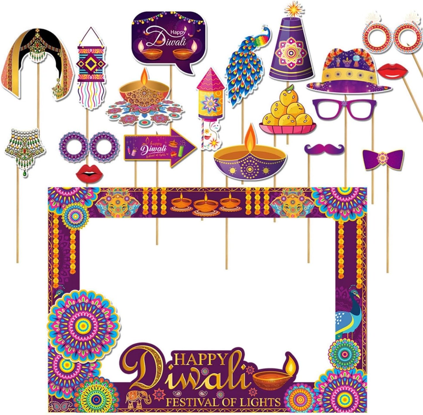 KYMY Happy Diwali Party Photo Booth Props Set, 1pc Deepavali Rangoli Selfie Frame with 20pcs Photo Booth Props, India Festival of Lights Party Favors for Hindu Diwali Themed Decorations Supplies
