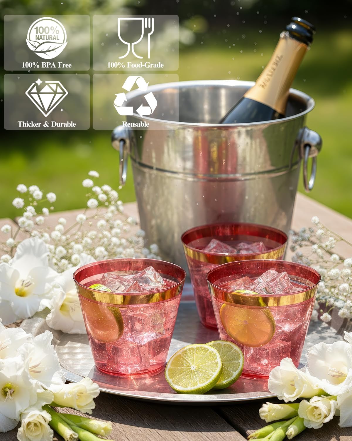 Goodluck 100PCS 9oz Gold Plastic Cups for Party, Disposable Gold Rim Cups, Plastic Cocktail Glasses for Wedding Thanksgiving, Christmas, and Parties