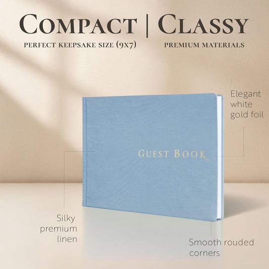 Beautiful Linen Wedding Guest Book Set, Compact Unlined Sign In Book with Table Sign, 120 Blank Pages, Guest Book for Wedding Reception, Birthday, Baby Shower & Events, Simple and Elegant Guestbook