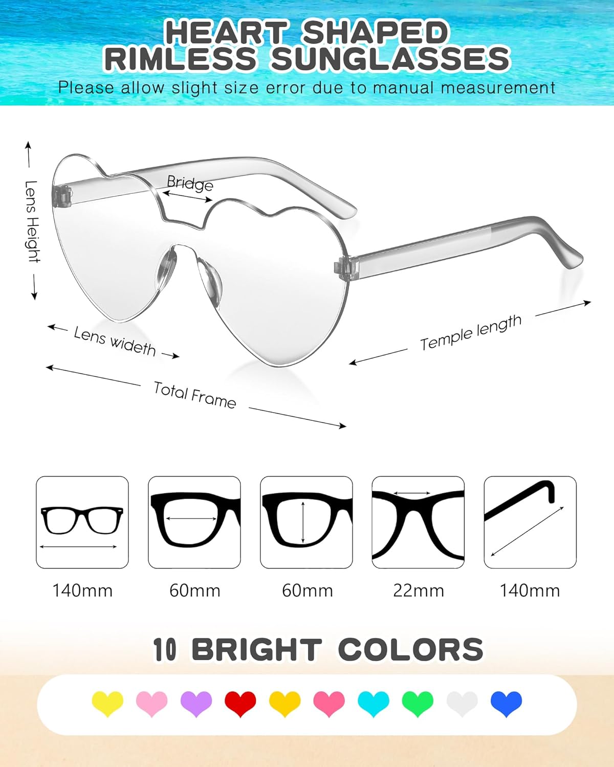Frienda 20 Pairs Heart Shaped Sunglasses Rimless Candy Color Glasses for Women Men Party Favor