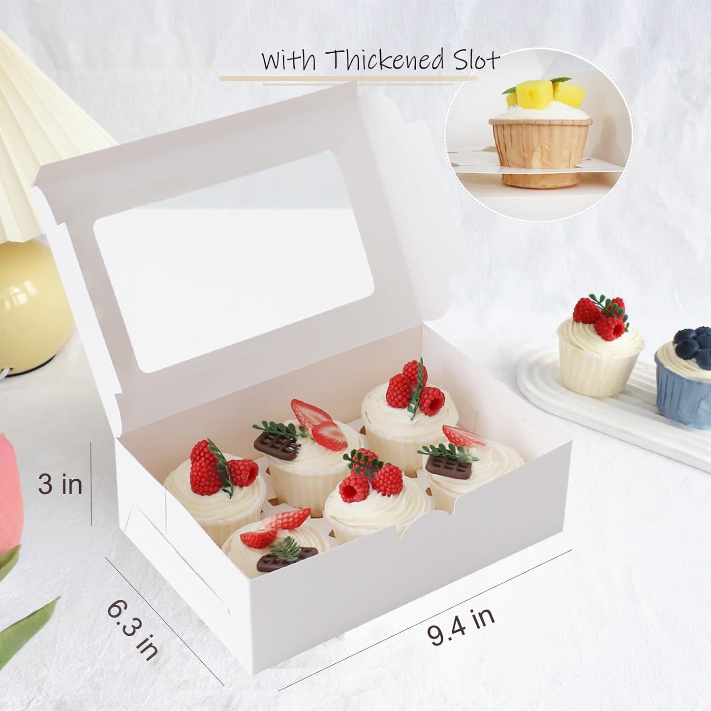 30 Pcs Cupcake Boxes with Clear Window, 9.4'' X6.3'' X3'', Food Grade Materials, Easy Assembly - Containers for Muffins, Cookies, Candies, and Bakeries