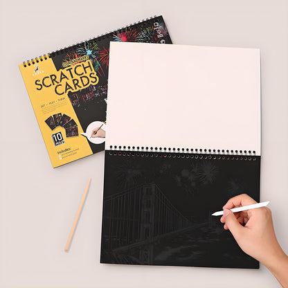 10 PCS Cityscape Scratch Art Book for Teen & Adults: DIY Colorful City Series Painting Paper | ASMR Stress-Relief Engraving Kit Scratchboard | DIY Sketch Card Creative Craft (Travel Landmarks B)