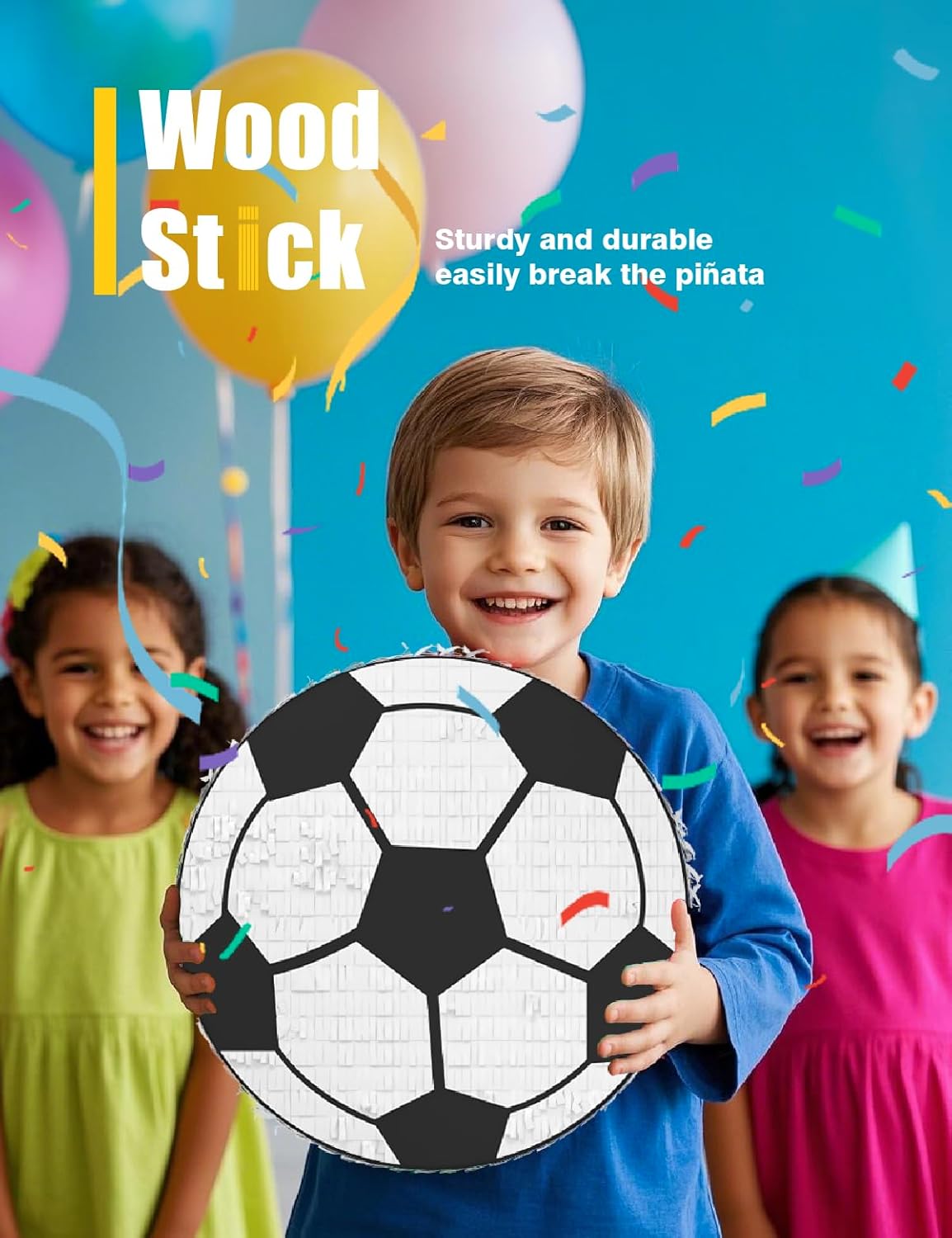 Soccer Piñata – Includes Wooden Stick, Blindfold, and Confetti – 13"x13"x3" – Perfect for Sports Party Decorations and Soccer Pinatas for Birthday Party