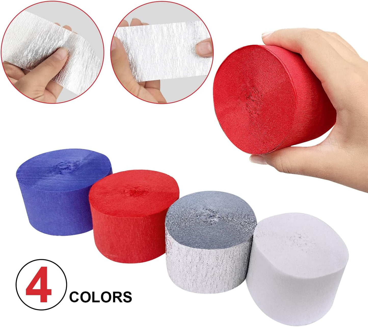4 Crepe Paper Streamers Rolls, 328ft Pack of Red and White Crepe Paper for Birthday Baby Shower Wedding Christmas Valentines Day Party Decorations (1.8 inch x 82 ft/Roll)