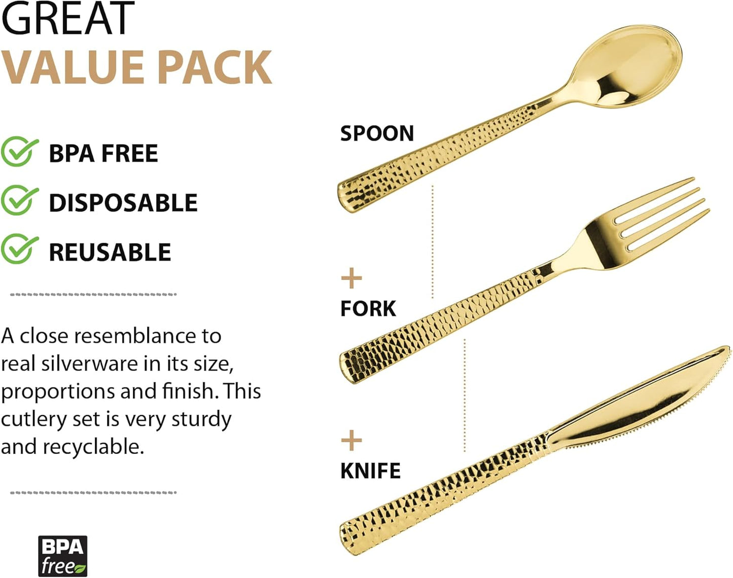 Plastic Cutlery Silverware Extra Heavyweight Disposable Flatware, Full Size Cutlery Combo, Polished Silver, 80 Forks, 40 Spoons, 40 Knifes, Value Pack 160 Count