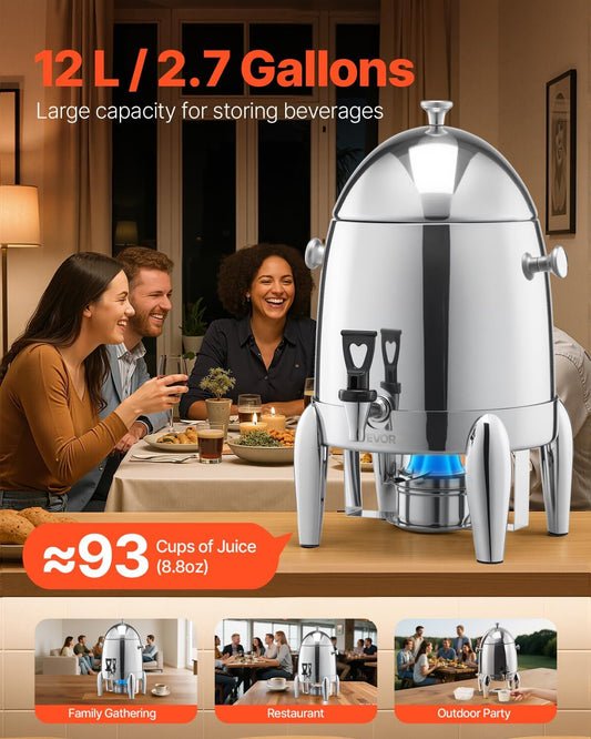 VEVOR Stainless Steel Beverage Dispenser, 3.4 Gallon Drink Dispenser with Alcohol Burner, Hot & Cold Drink Dispensers with Spigot for Coffee Tea Hot Water, Ideal for Restaurants, Hotels, Parties
