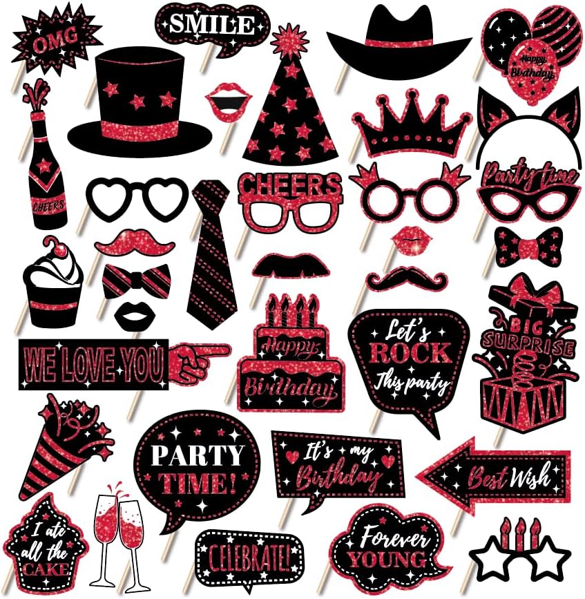 36 PCS Birthday Photo Booth Props Party Supplies Holiday Picture Decorations Photo Booth Props for Birthday Party Favors Pose Sign Kit Fun for Party (Purple and Black)