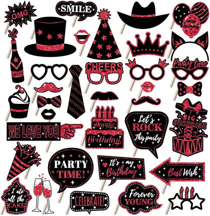 36 PCS Birthday Photo Booth Props Party Supplies Holiday Picture Decorations Photo Booth Props for Birthday Party Favors Pose Sign Kit Fun for Party (Purple and Black)