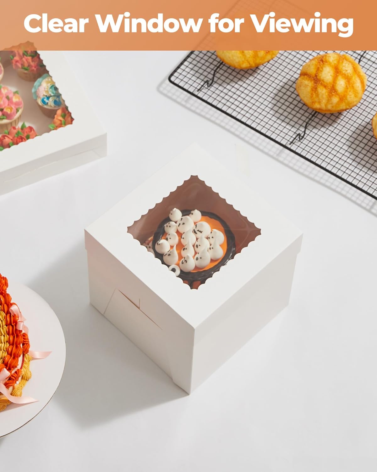 Kootek Cake Box with Board Drum, 10x10x10 Inches Tall Bakery Box with Window, Disposable Cake Container with Lid for Multi-Layer Cake, Decorating, Wedding, Birthday, Party