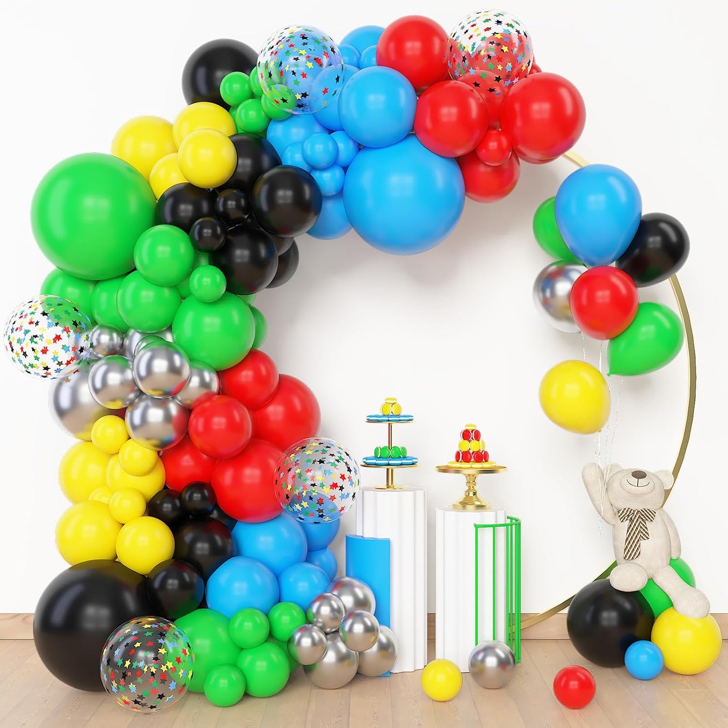 Amandir 153pcs Purple Blue Pink Balloon Garland Arch Kit, Different Sizes 18 12 10 5 inch Teal Yellow Latex Metallic Confetti Balloons for Magic Birthday Engagement Party Decoration