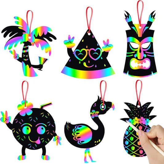 WATINC 60pcs Hawaiian Scratch Cards Art Set for Kids Adults, DIY Color Card Art Craft Kit, Decorations Favor Ornaments for Birthday Party Home School, 6 Styles with Ribbon Wood Stylus